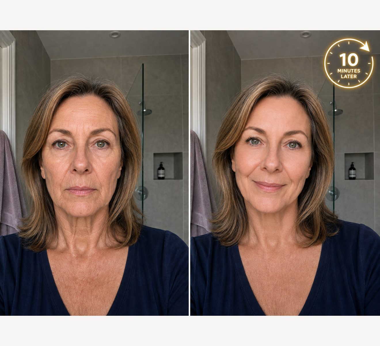 The same woman ten minutes apart, before on the left and after on the right. Under eye shadow is softened and the brow sits higher.