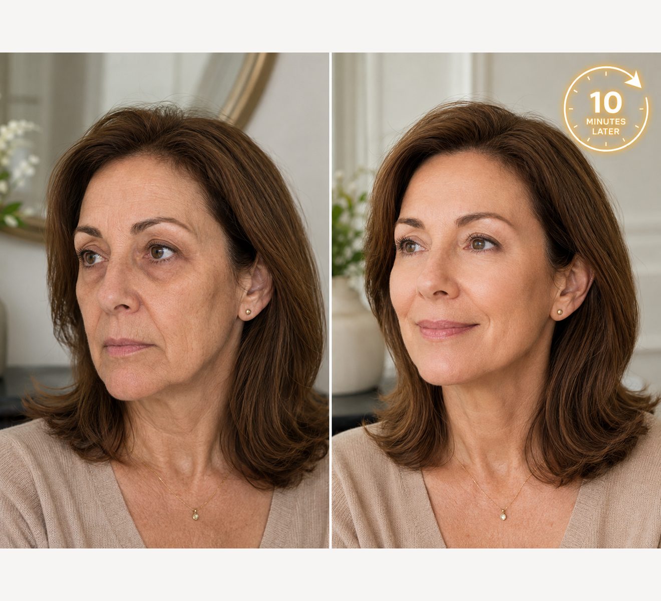 The same woman ten minutes apart at a three quarter angle. Under eye bags and the fold beside the nose look smoother.