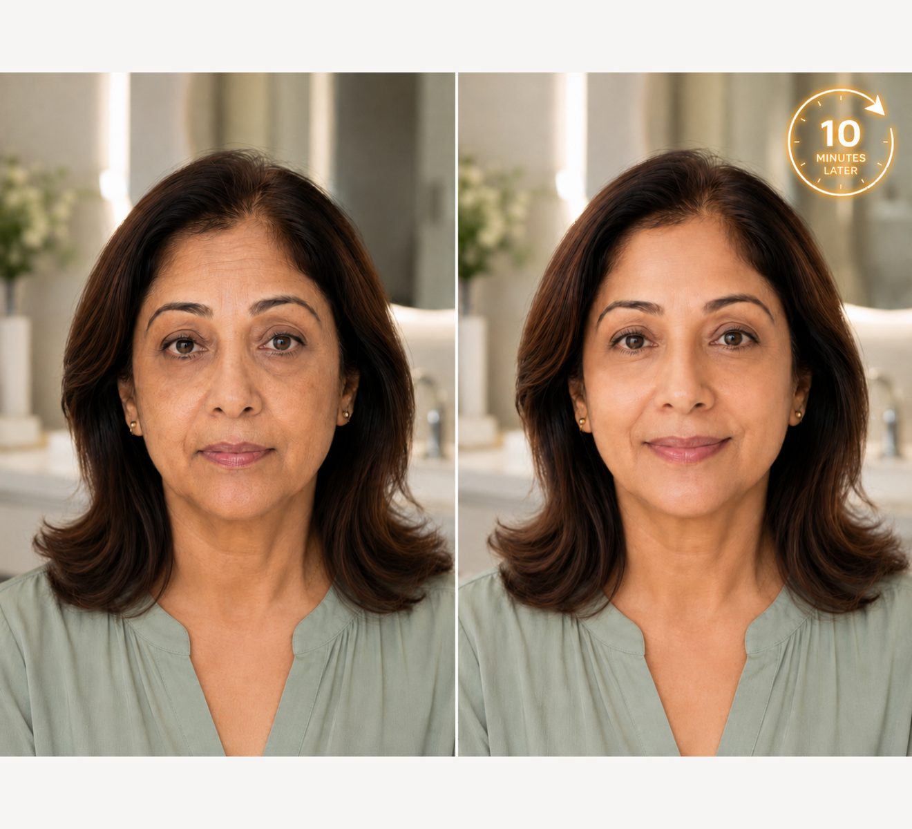 The same woman ten minutes apart. Under eye bags look flattened and the forehead lines have softened.