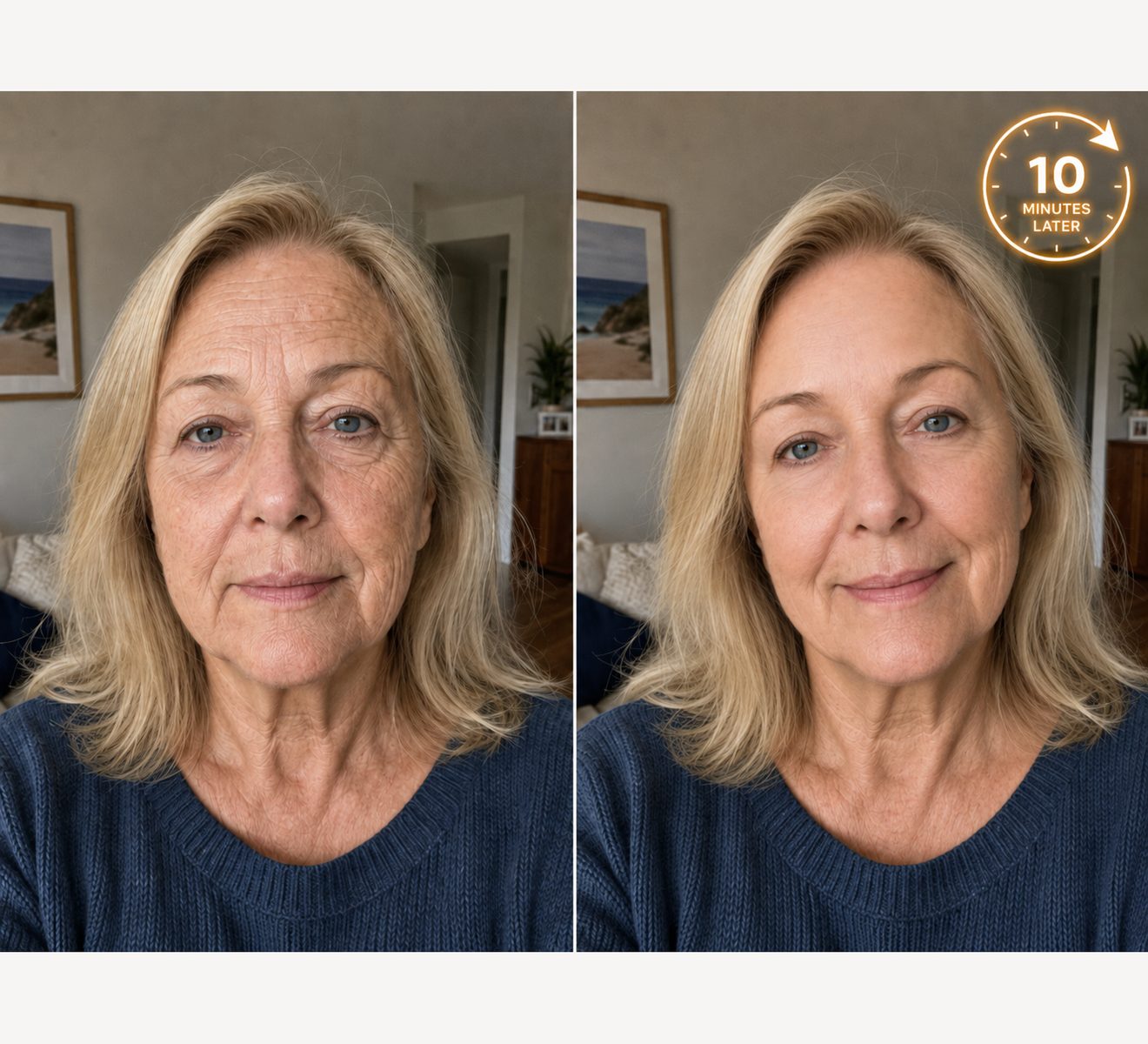 The same woman ten minutes apart. Hooded lids look more open and the forehead is smoother.