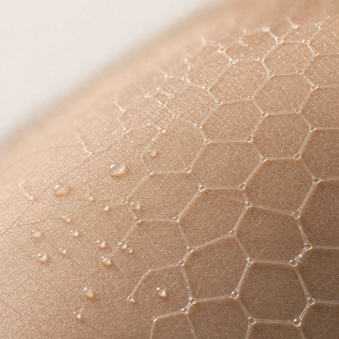 Macro render of the micro lattice self-assembling across the skin surface, hexagonal and clear, with the mesh still forming at the left edge