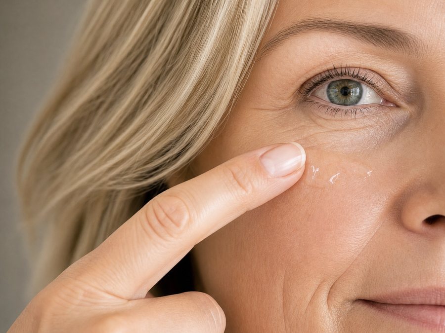 A fingertip pressing a thin layer of clear serum along the skin under the eye