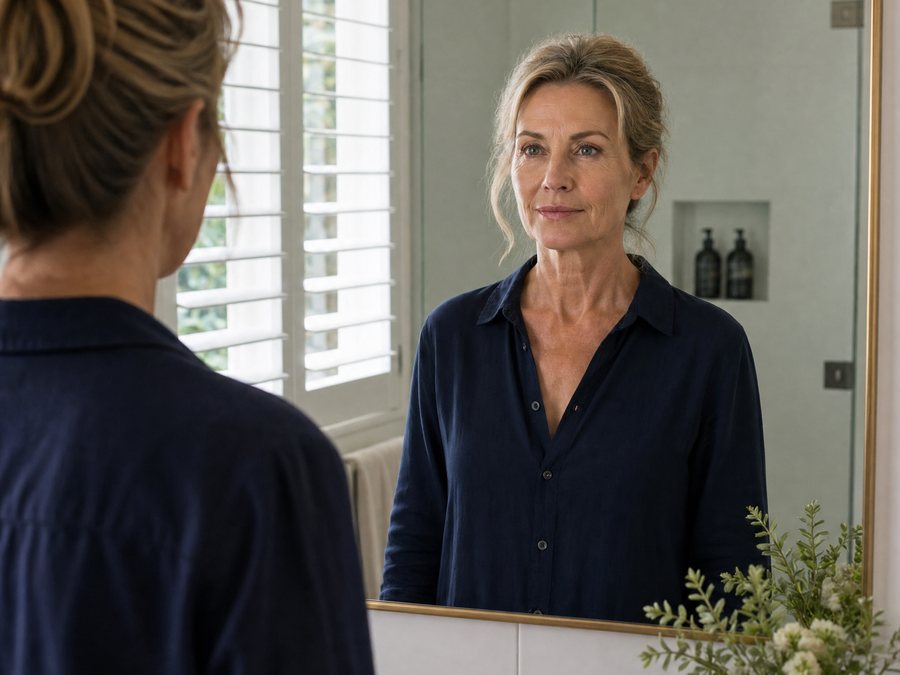 A woman standing still at the bathroom mirror, waiting for the lift to set